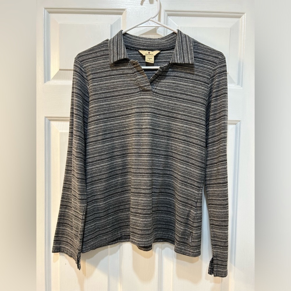 Women's Woolrich Striped Pullover Blouse V-Neck Collared Casual Long Sleeve Sz M